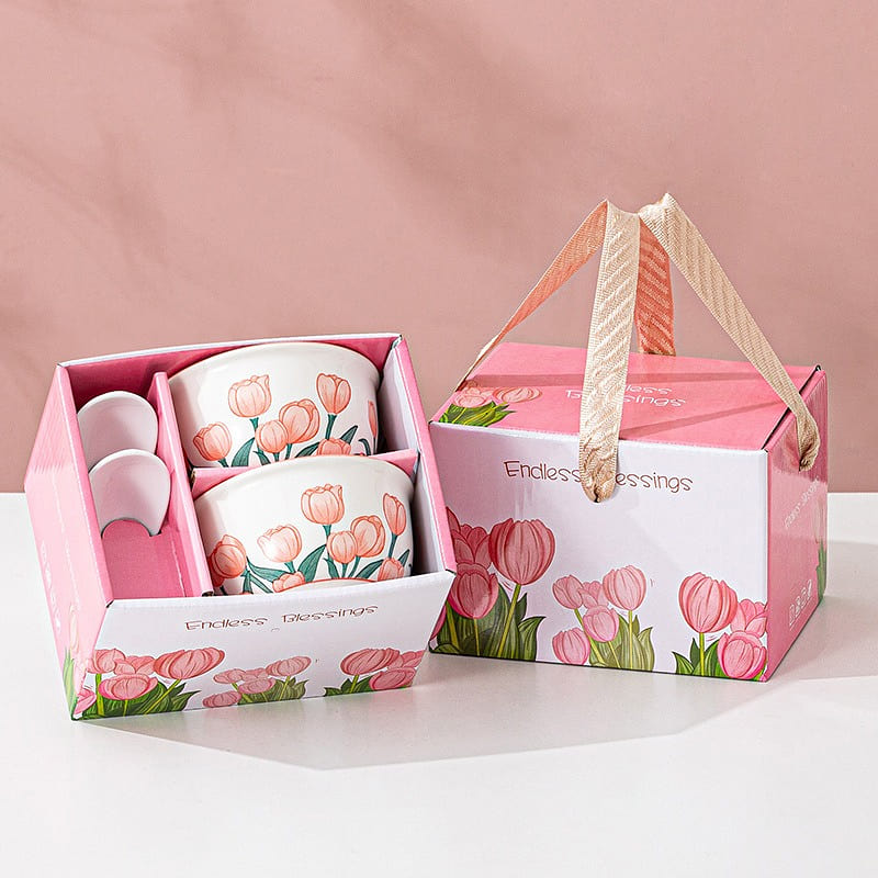 Ceramic Rice Bowls and Spoon Set of 2, Gift Box 1 each