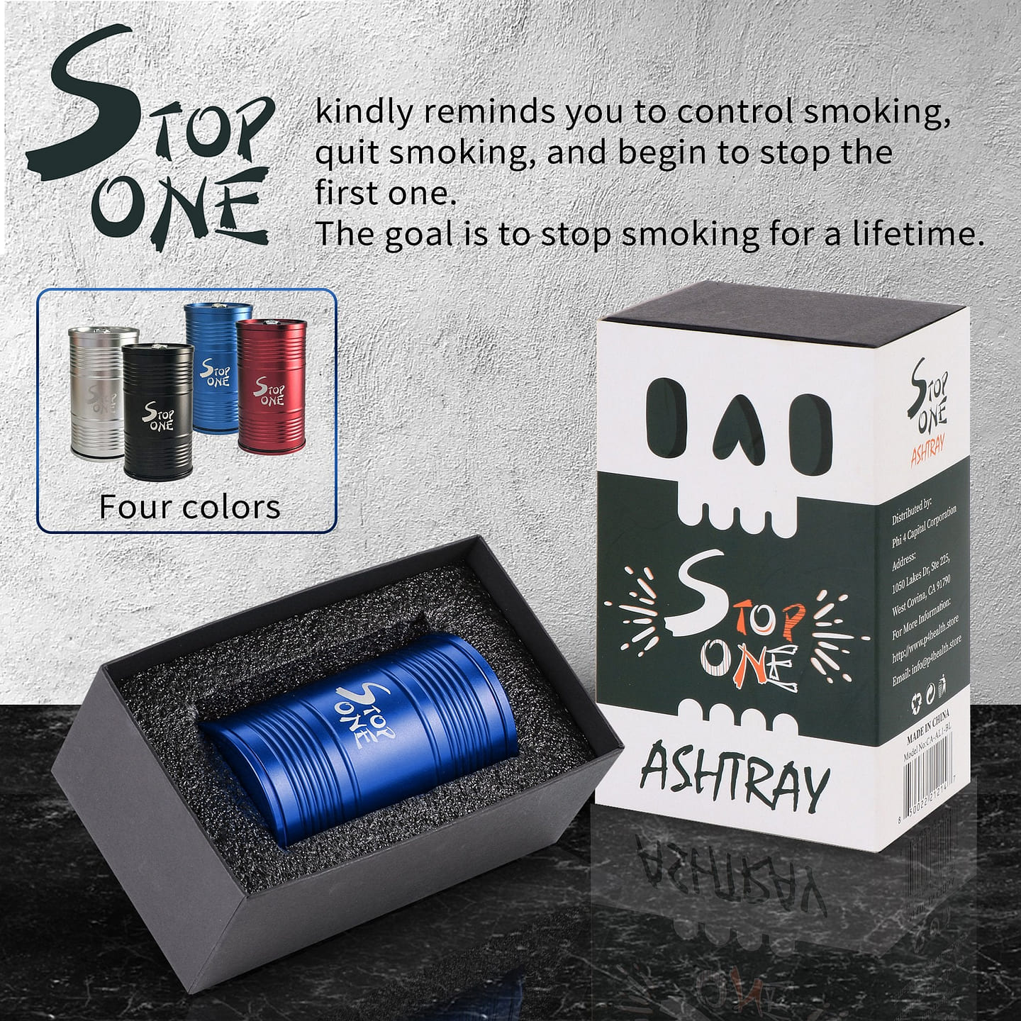 STOP ONE CA-AL1 Portable Car Ashtray with Lid, Blue Blue 1 each