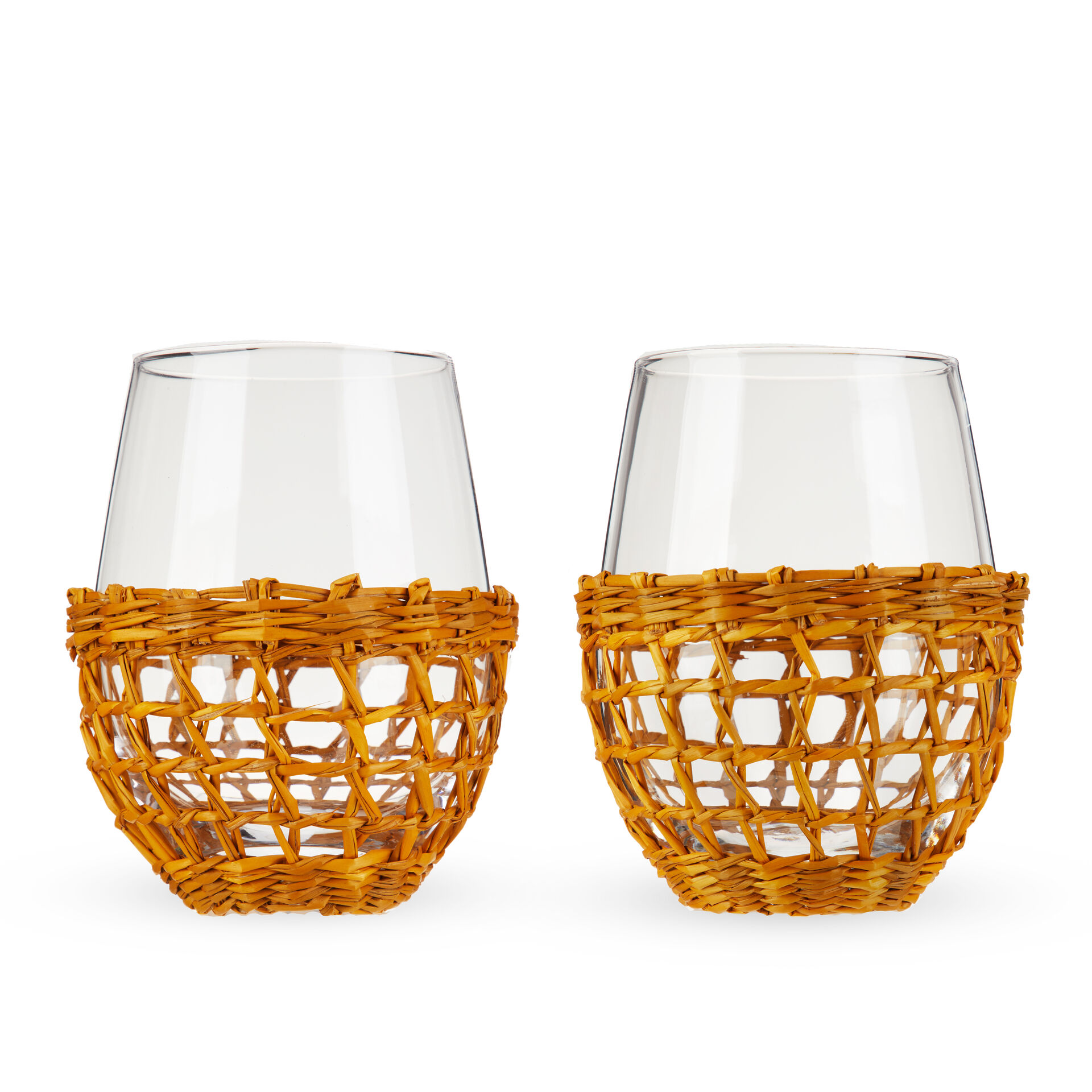 Twine Island Wine Glasses, Stemless Glassware with Seagrass Wrap Cover for Drinks or Water, Dishwasher Safe, 16 Oz, Set of 2 20 oz