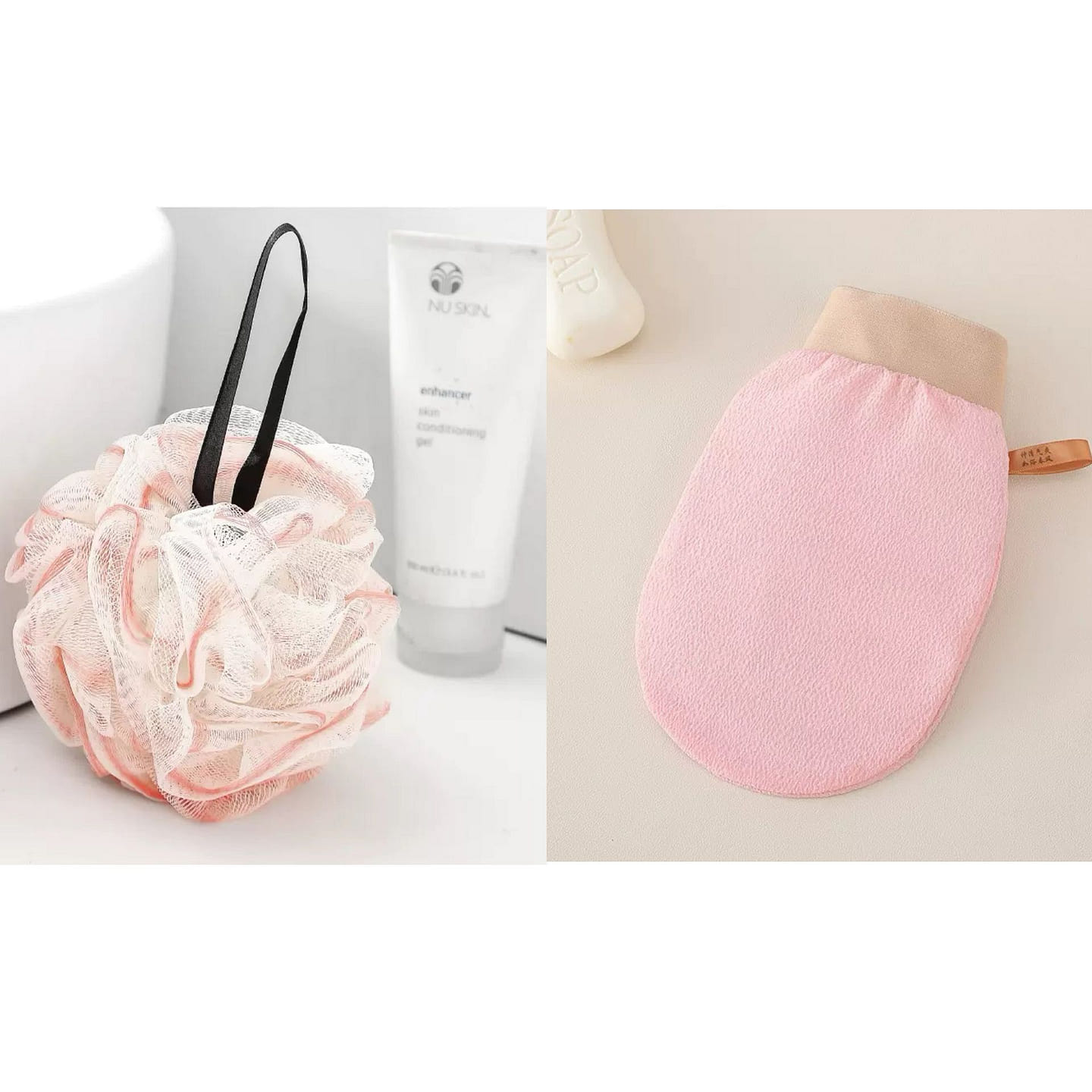 White powder bath ball + Pink scrubbing towel 2 each