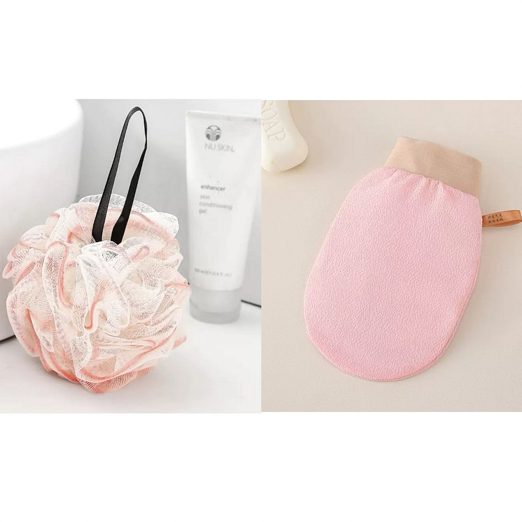 White powder bath ball + Pink scrubbing towel 2 each