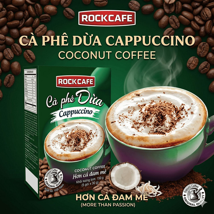 RockCafe Cà Phê Dừa Cappuccino 150g (5 gói) 1 hộp