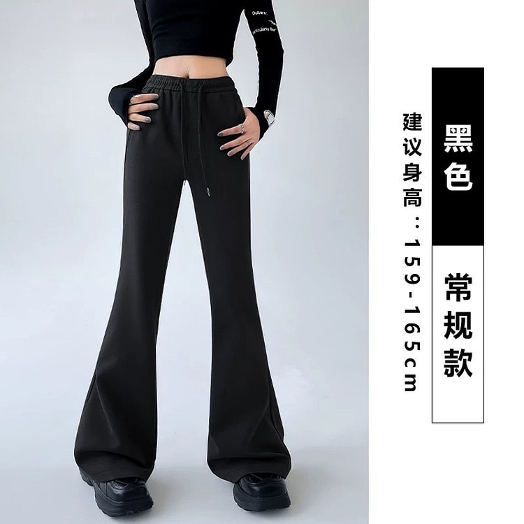冬季修身版型黑色加绒高腰微喇运动棉裤 M码