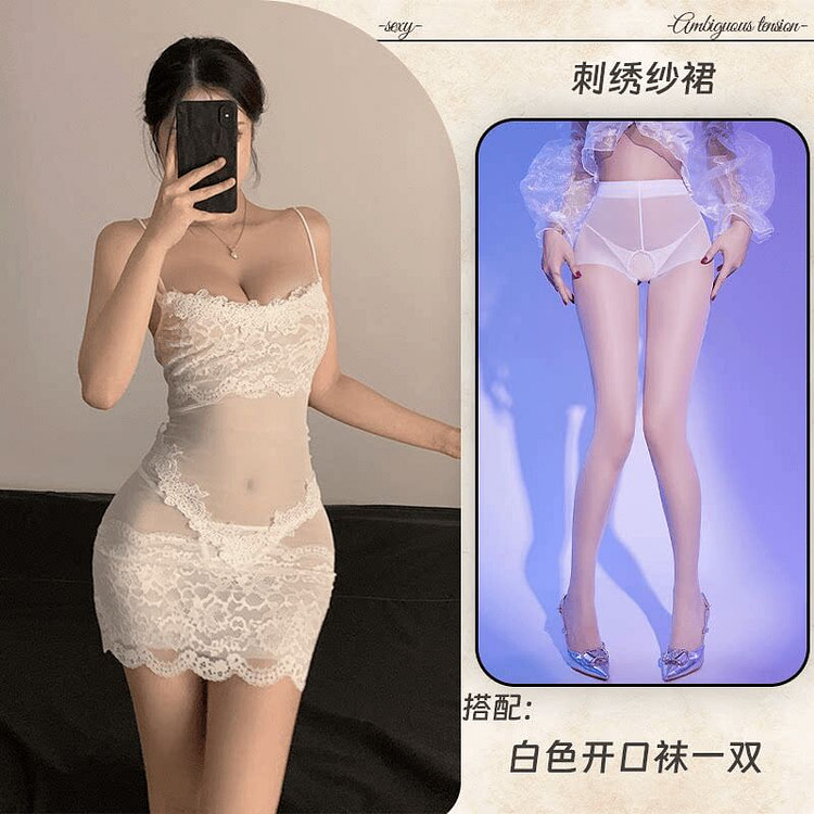 女士性感情趣内衣 情侣约会战袍白色L码+白色开档袜 1 份