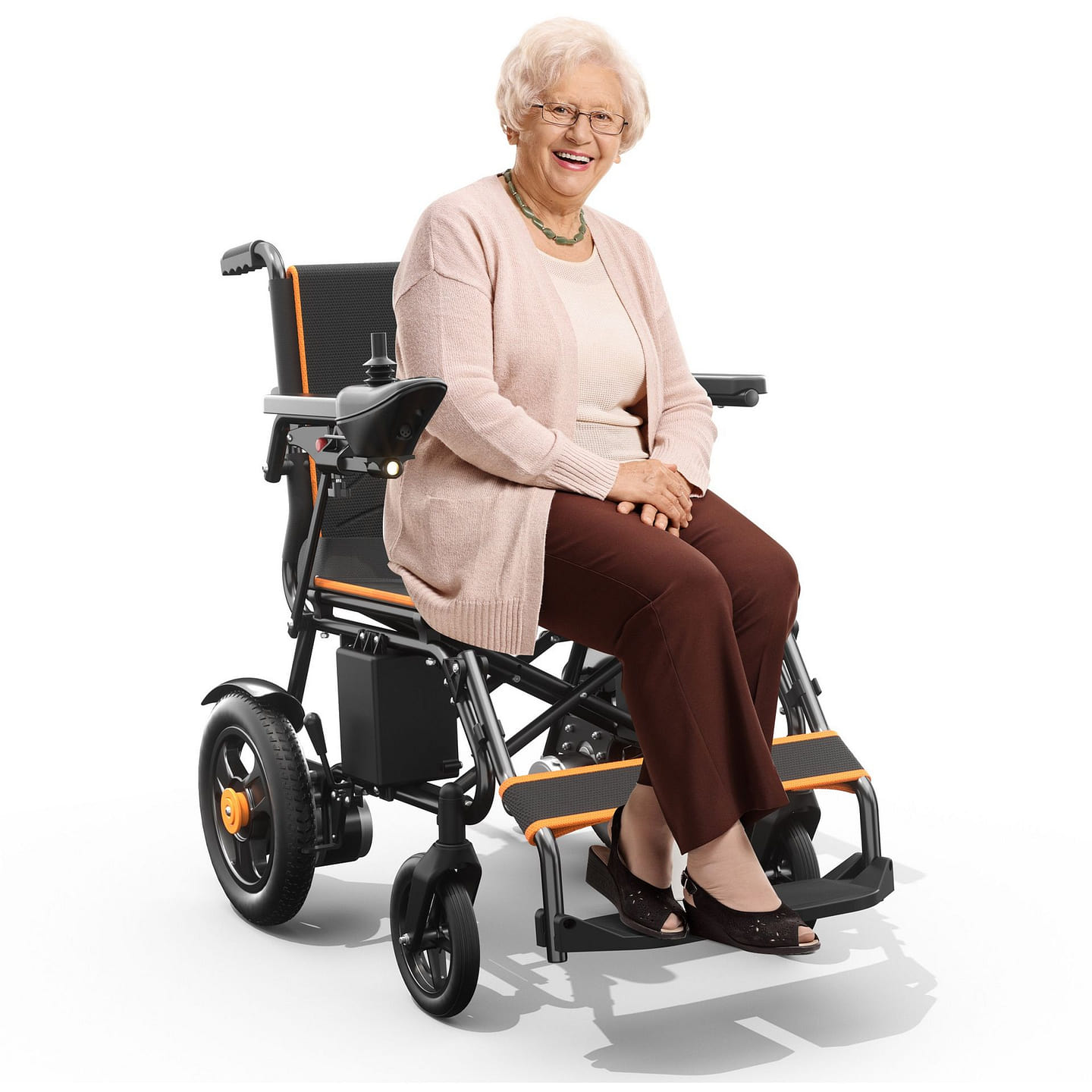 KERDOM Foldable Electric Wheelchair, Powerful Motor, 360 Joystick, Orange Design 73 ปอนด์