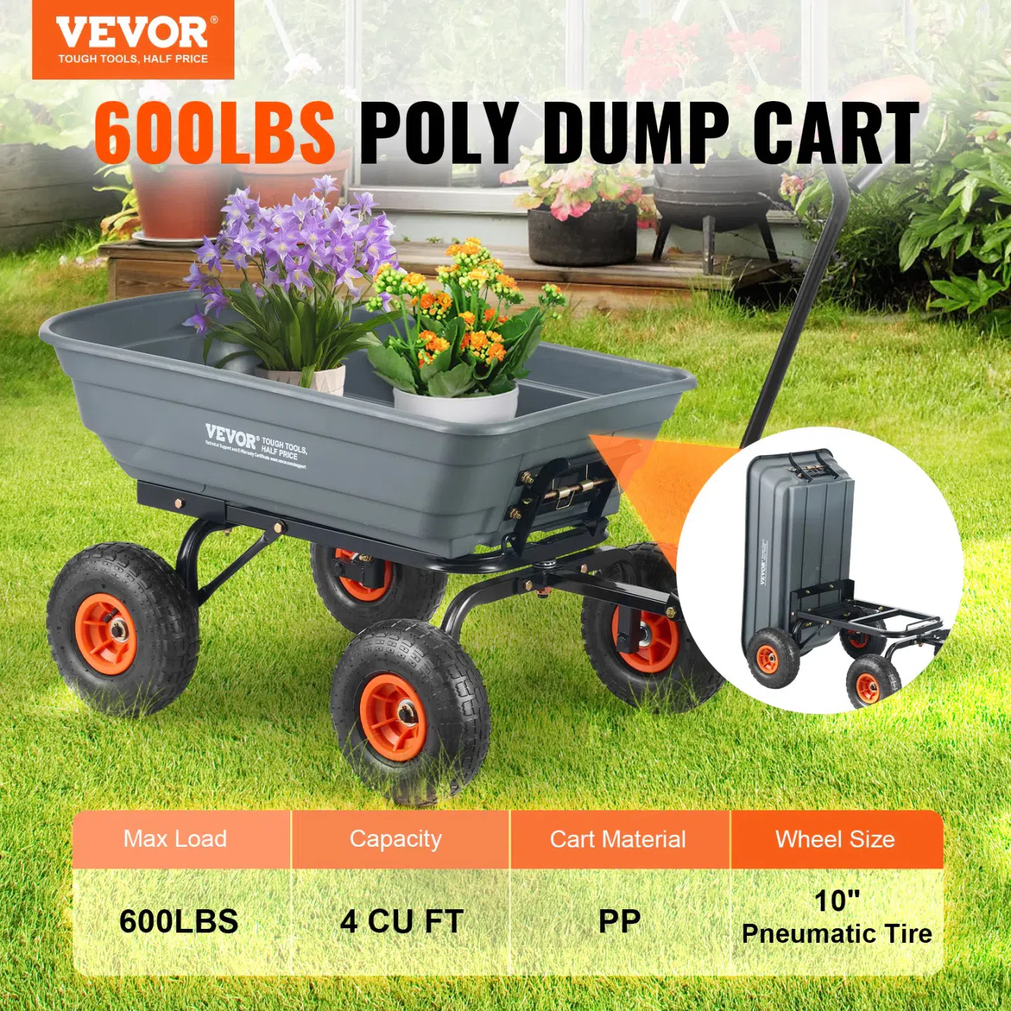 VEVOR Dump Cart, Poly Garden Dump Cart with Easy to Assemble Steel Frame, Dump Wagon with 2-in-1 Convertible Handle, Utility Wheelbarrow 600 lbs Capacity, 10 inch Tires 1 each