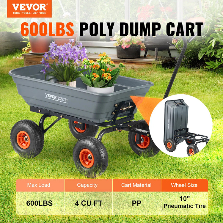 VEVOR倾卸车、带易于组装钢架的Poly Garden倾卸车，带2合1可转换把手的倾卸货车，容量为600磅的多功能独轮车，10英寸轮胎