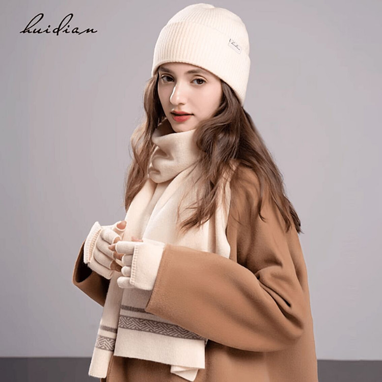 纯羊毛女士围巾帽子手套米白 1 盒