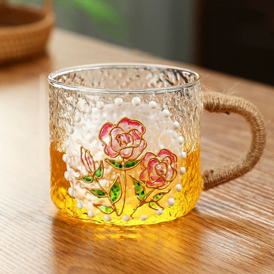 Beautiful Hand-painted Floral Glass Mugs Water Bottles for Girls Set Roses Mug 1 each