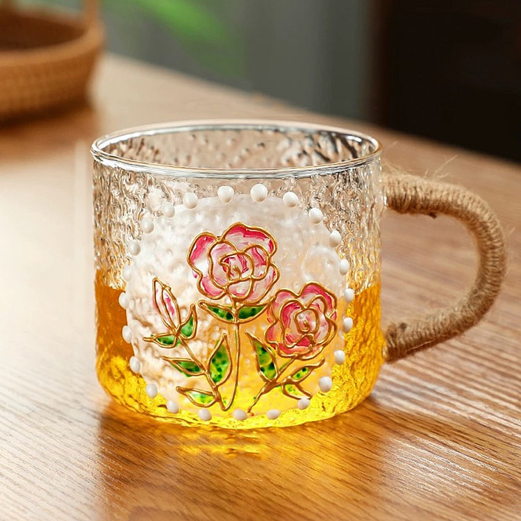 精美手绘花卉玻璃杯水瓶女孩套装玫瑰杯