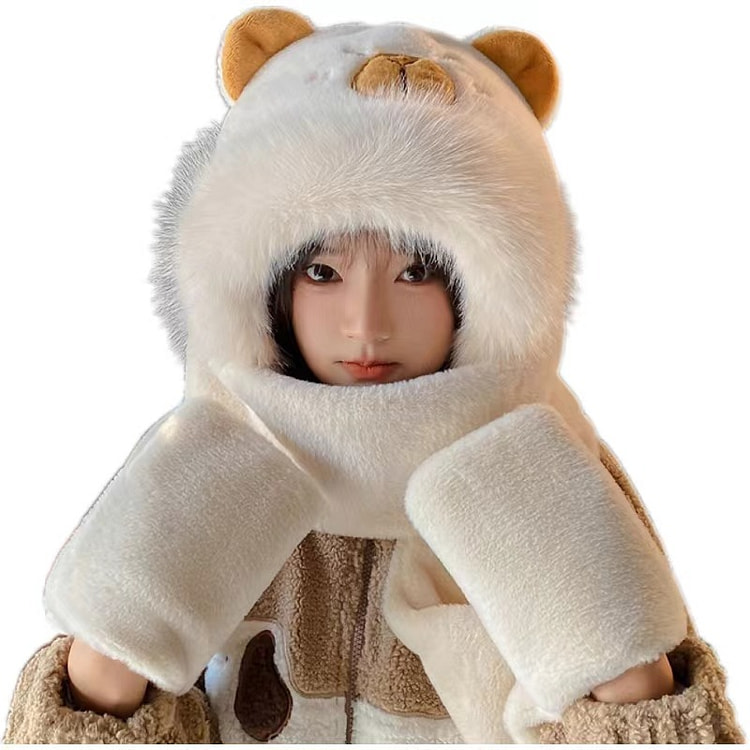 【中国直邮】 FOXTAIL 卡皮巴拉帽子围巾手套三件套 冬季防风保暖 毛绒帽子 -卡皮米色1件*|预计到达时间3-4周