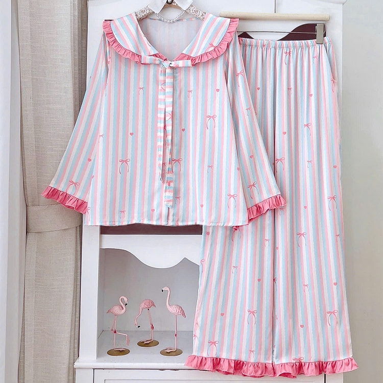 Premium Silk Pastel Striped Ruffle Trim Pajama Set 1 count