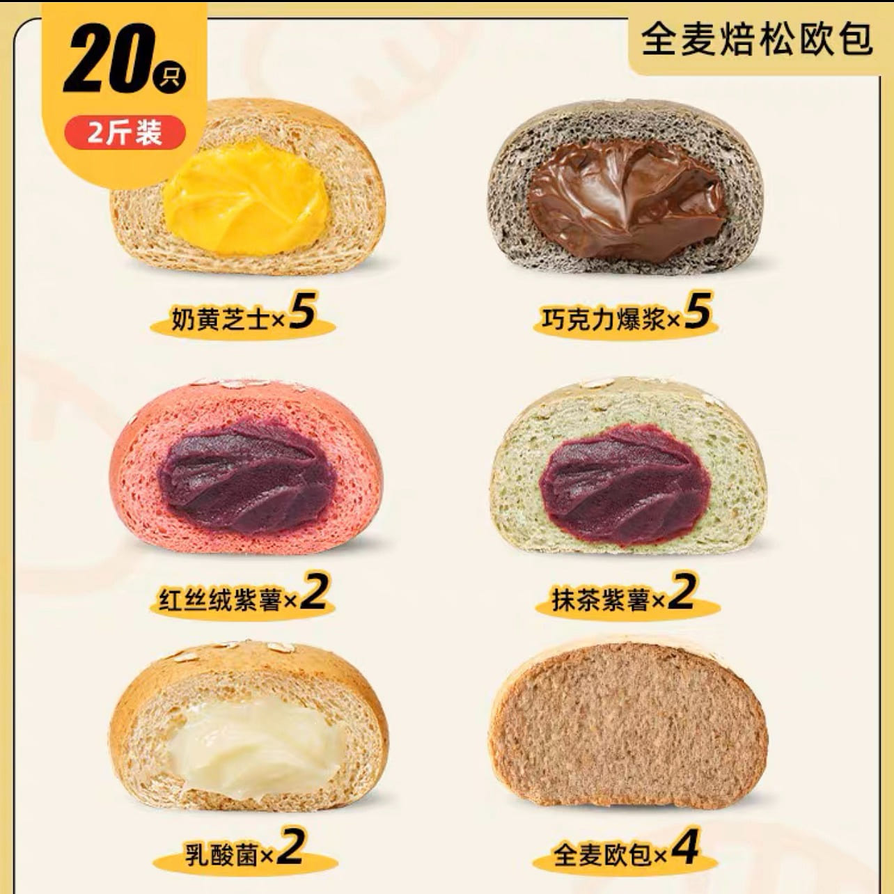 【CHLOECHAN】Whole wheat bread breakfast bakery pack 6 flavors 20pcs 1000 g