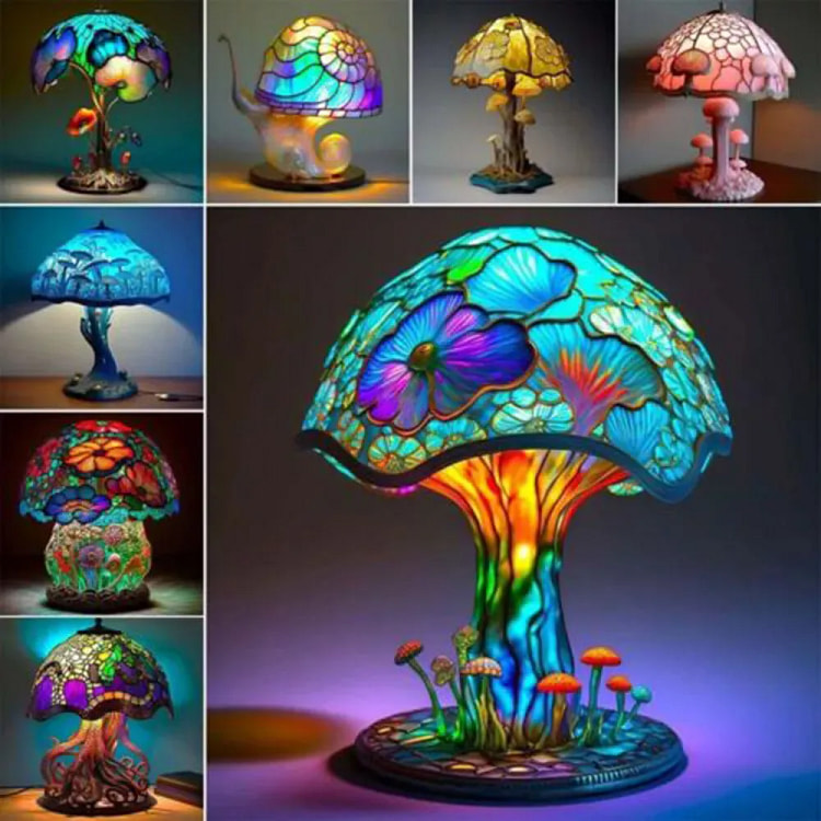 Rehenbsem Painting Mushroom Table Lamp, 2024 New Stained Glass Plant Night 