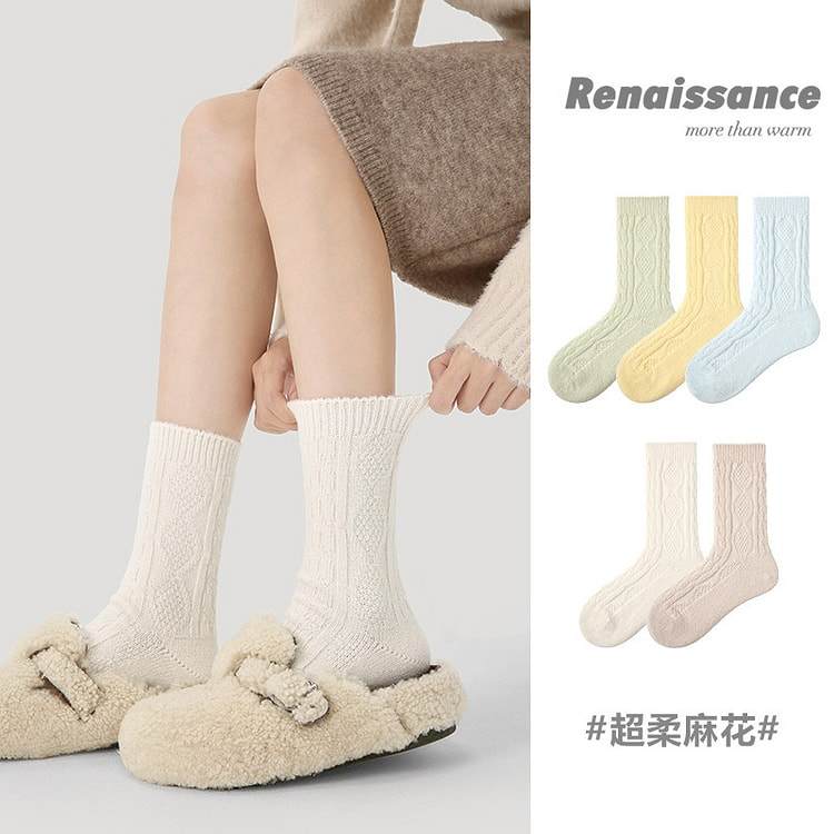 Renaissance女袜厚袜子女秋冬季中筒袜加厚麻花长袜冬天纯色女士