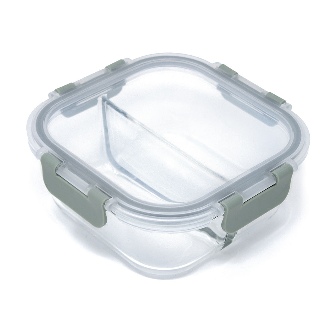 HQ Boroslicate Glass Food Containers / Canister with Grey / Clear Clip On Lid Box with 2 Compartments Airtight 27oz Square Bakeware for Kitchens 800 ML 1 each
