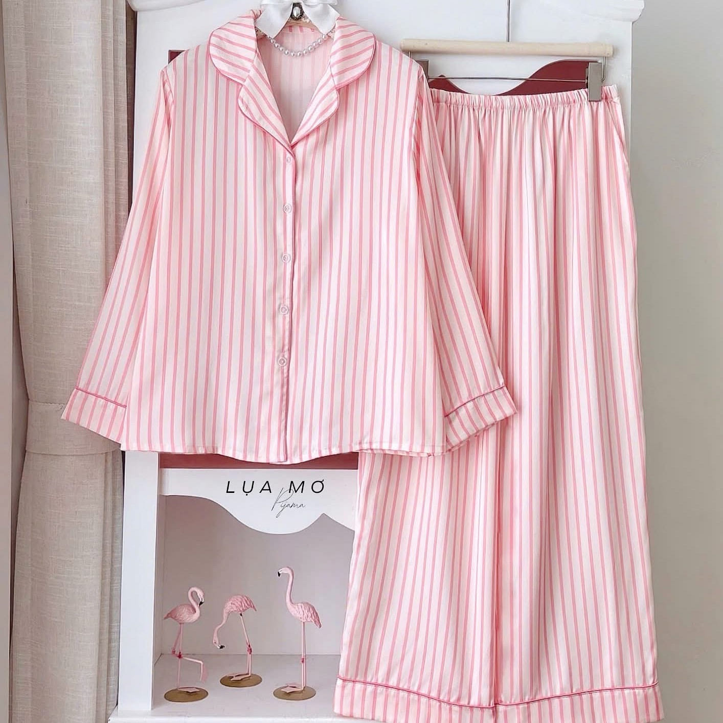 Premium Silk Pastel Pink Striped Vest Style Pajama 1 count