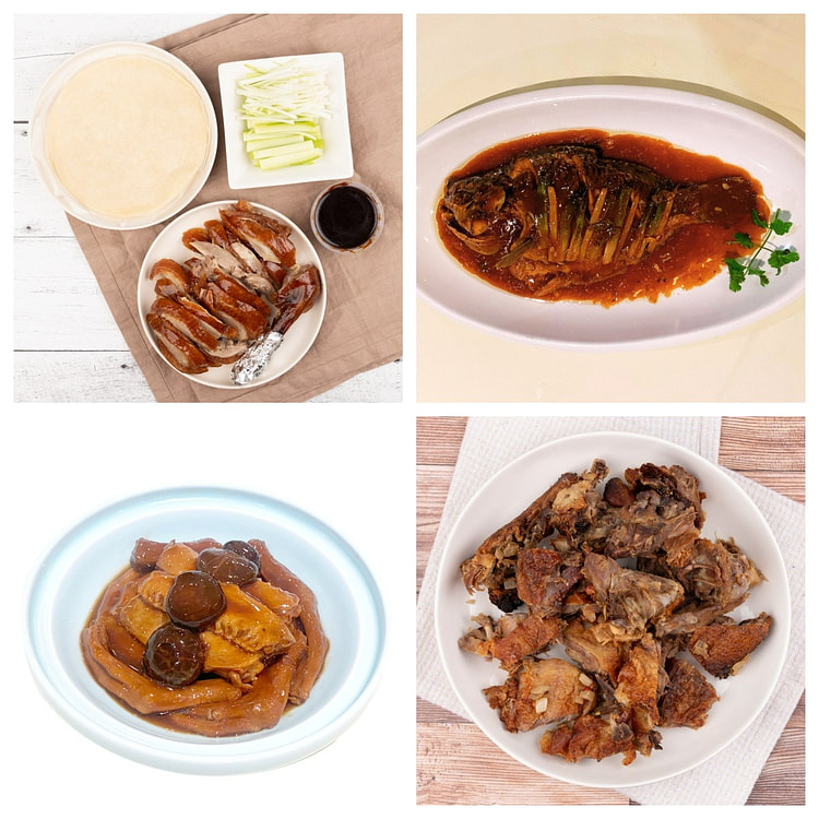 烤鸭套餐（烤鸭整只，椒盐鸭架，全鱼，鲍汁鸭掌翼） 1 份