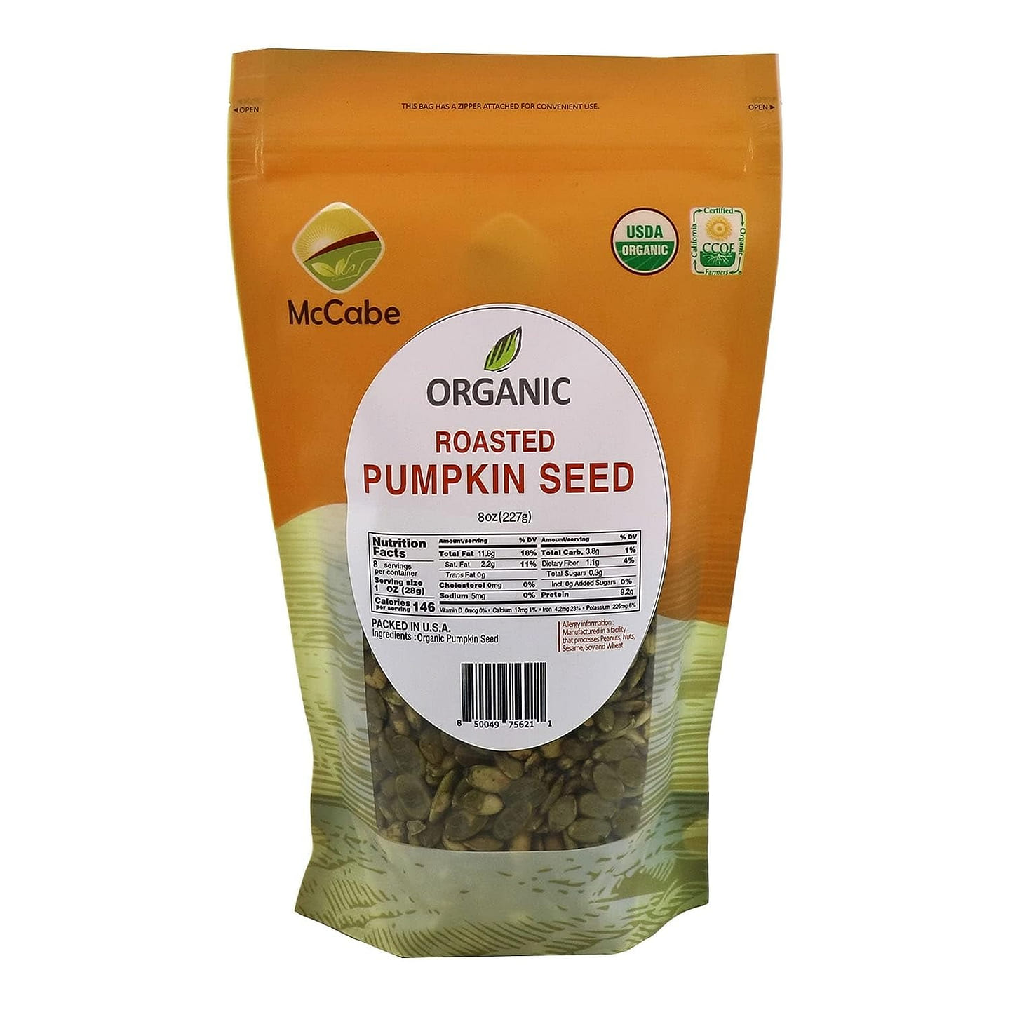 McCabe Organic Roasted Pumpkin Seeds (Unsalted) 8 oz, USDA Organic Certifed, 8 oz
