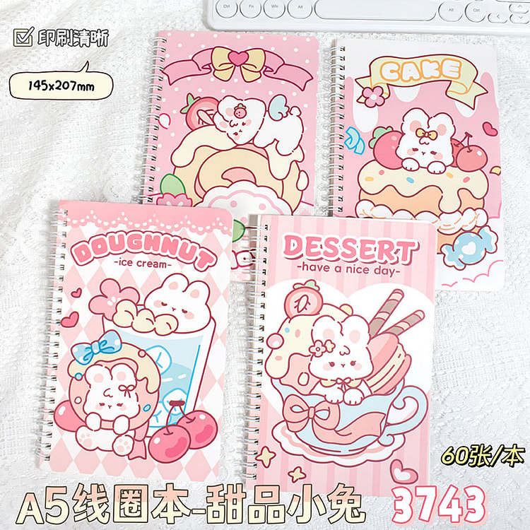 A5 Thick Lined Spiral Notebook - Dessert Bunny 1 each