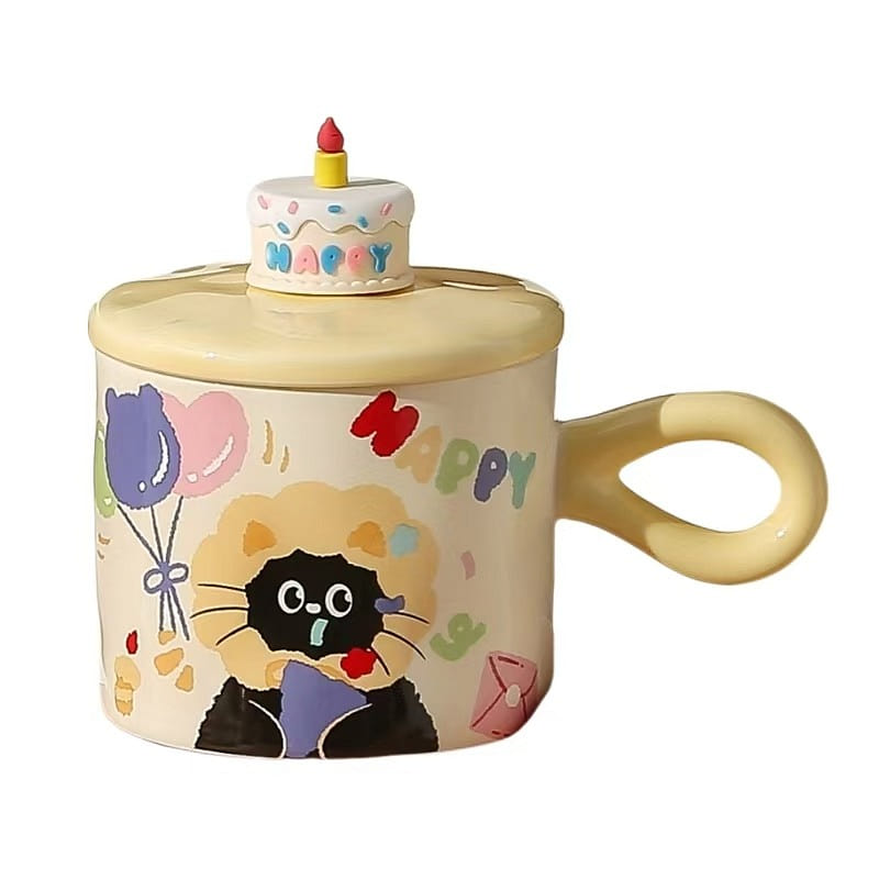 Gorgeous Ins Style Ceramic Mug With Lid Cute Couple Mc Cat Cake Mode -Yellow 1PC 1 each