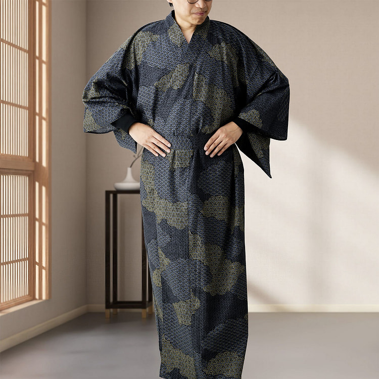 Japanese Kimono Robe (Navy Kumotori komon)