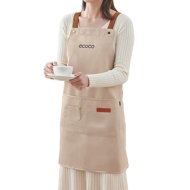 ECOCO 家用厨房围裙 防水防油带口袋 卡其色 1 个