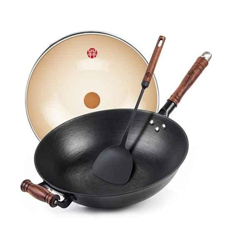 36cm 王源吉 中式传统手工铁锅+玻璃盖+锅铲