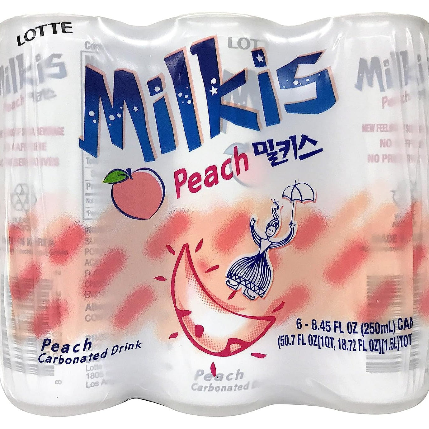 LOTTE Milkis Peach Flavored Carbonated Drink 8.45fl oz (250ml) x 6Cans 50.7 fl.oz