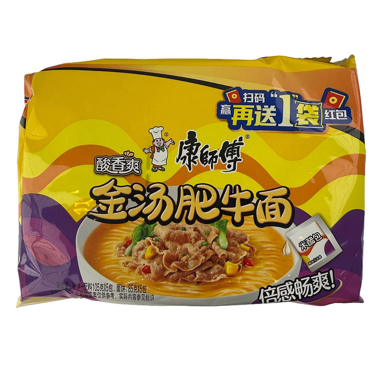 康师傅酸香爽金汤肥牛面（五连包） 525 克