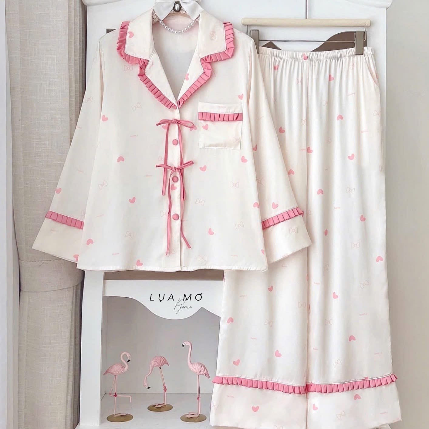 Premium Silk Pink Heart Pleated Trim Pajama Set 1 count
