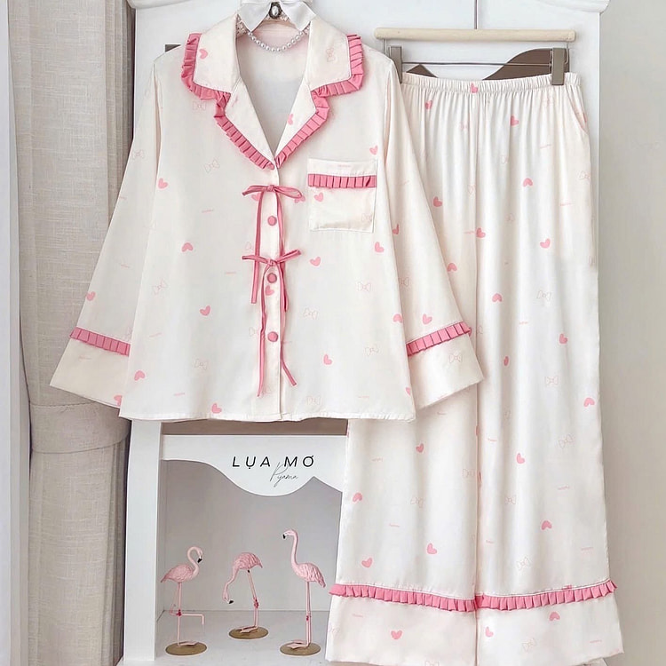 Premium Silk Pink Heart Pleated Trim Pajama Set 1 count