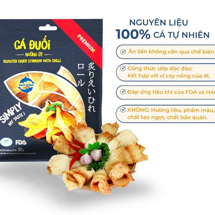 Cá Đuối Nướng Ớt Tẩm Vị NAVYFISH Ăn Liền Gói 32g - Thực Phẩm Khô Ăn Vặt