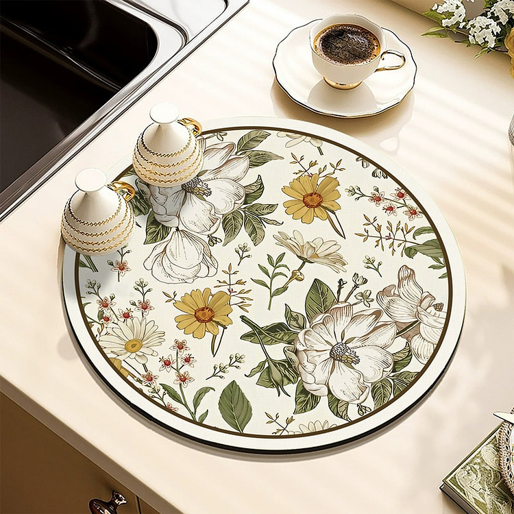 美式圆形沥水垫 硅藻泥 厨房吸水垫 淮语园花图案 1 份