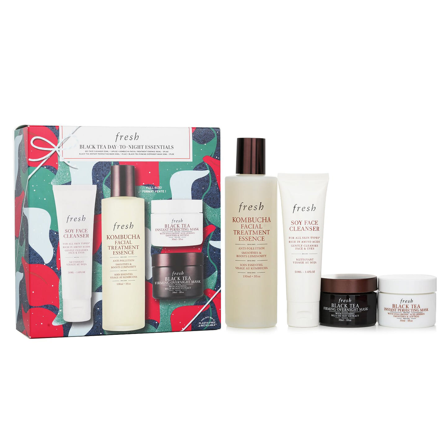Fresh Black Tea Set: Soy Face Cleanser+Kombucha F.T. Essence+Instant Perfecting Mask+Firming Overnight Mask 4pcs 4 each