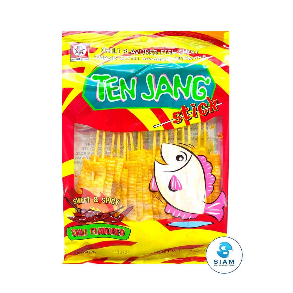 Ten Jang Fish Sheet Snack with Bamboo Skewers, Chili Flavor 1.5 oz