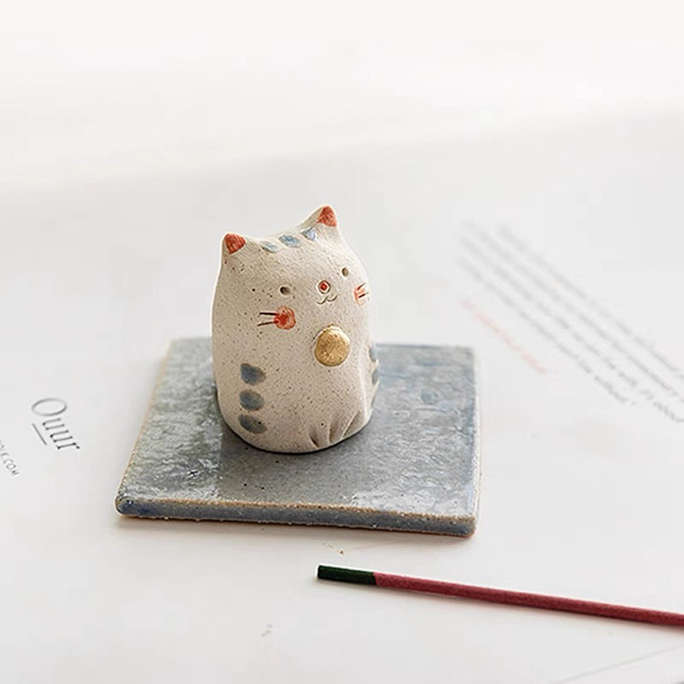 濑户烧可爱动物香炉（礼盒）- 蓝色小猫