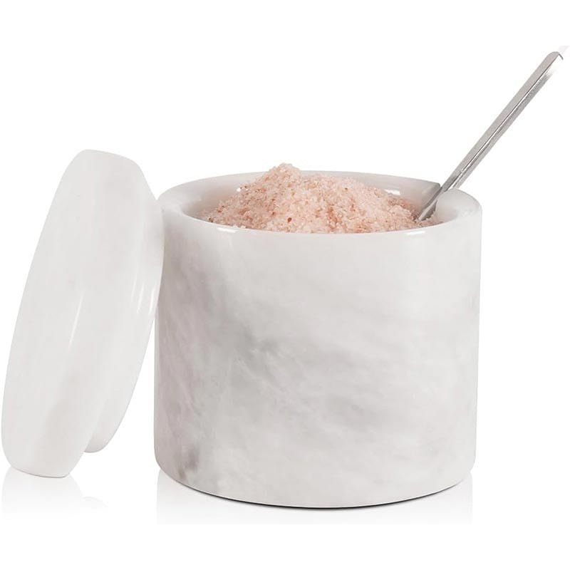 Marble Salt Cellar with Lid and Spoon, White 1 each