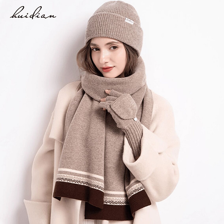 Pure wool ladies' scarf hat gloves shrimp color 1 box