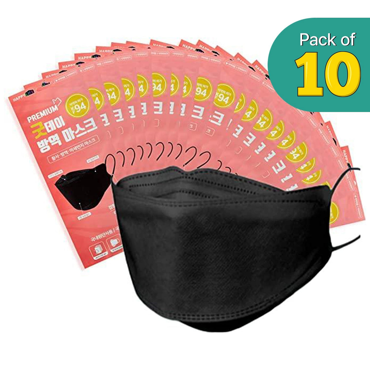 [10PCS] Happy Life KF94 BLK Mask | Made in Korea 4 oz