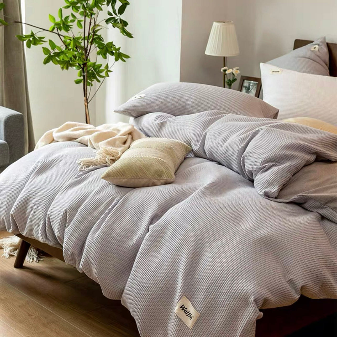 LULLABUY Waffle Lyocell Cotton Bedding Set London Fog Twin Size 2000 g
