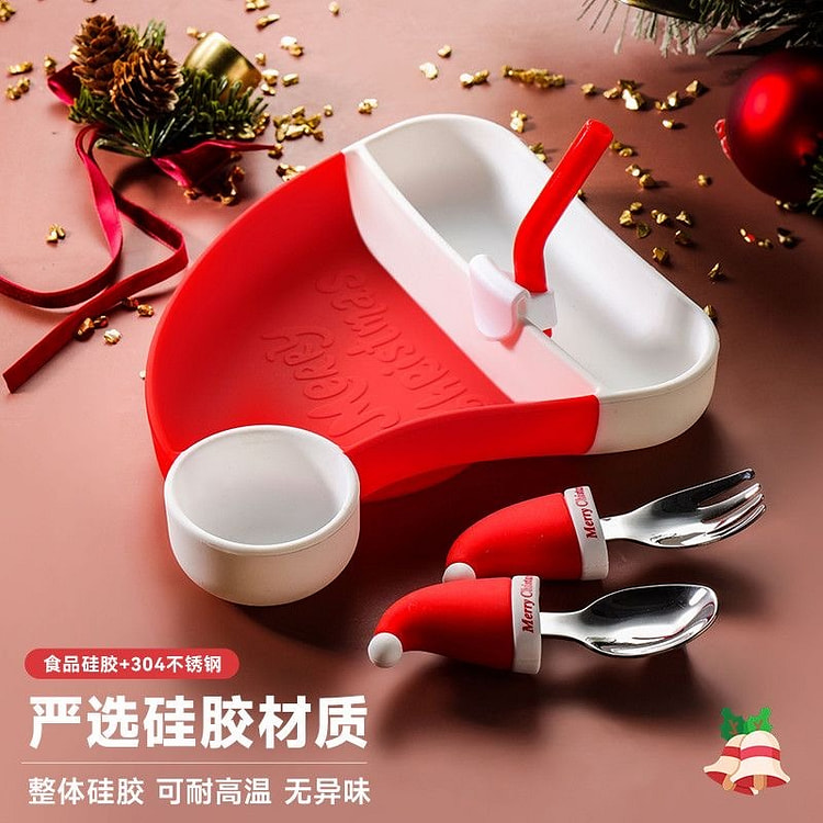 圣诞儿童硅胶餐盘吸盘式304不锈钢叉勺 1 箱