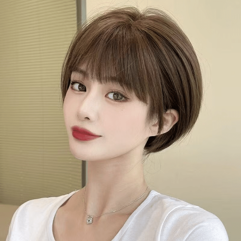 Short hair, air bangs, wavy hair, mocha brown 1 each