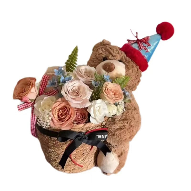 Bear Doll Hug Bucket Bouquet Eternal Flower Birthday Gift Party Party-Full Color 1 each