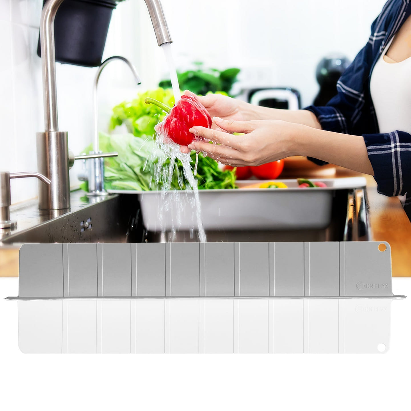 KN FLAX Sink Water Splash Guard – Silicone Anti Splatter Water Protector for Kitchen Bathroom & Island Sinks – Strong Attached Sticker Strip Base – Premium Faucet Basin Accessories – Baffle Board 0.8 lb