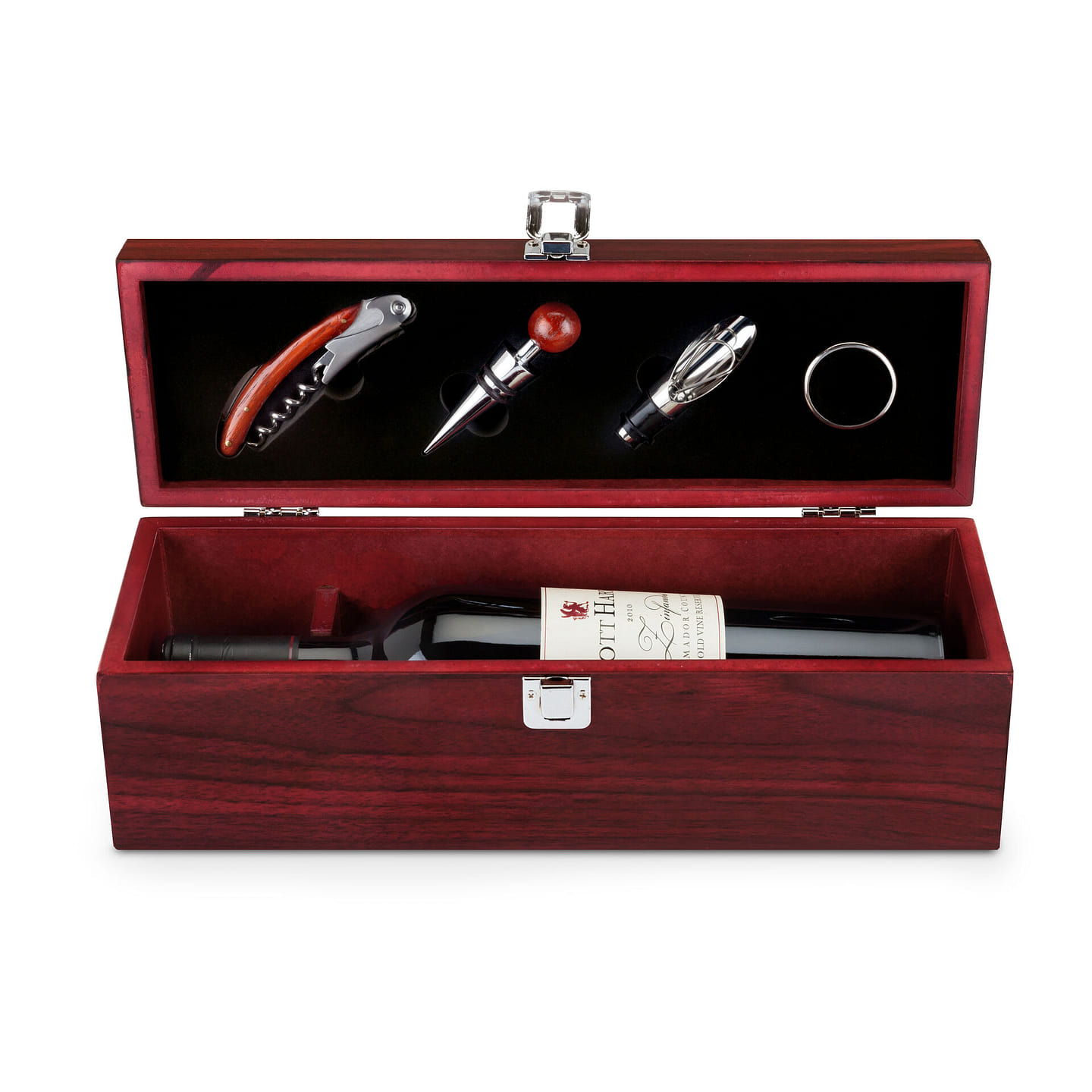 True Cherry 1-Bottle Wine Accessories Gift Set | Premium Corkscrew Opener Kit, Drip Ring, and Wine Pourer and Stopper in Wood Case with Padded Insert 4 count