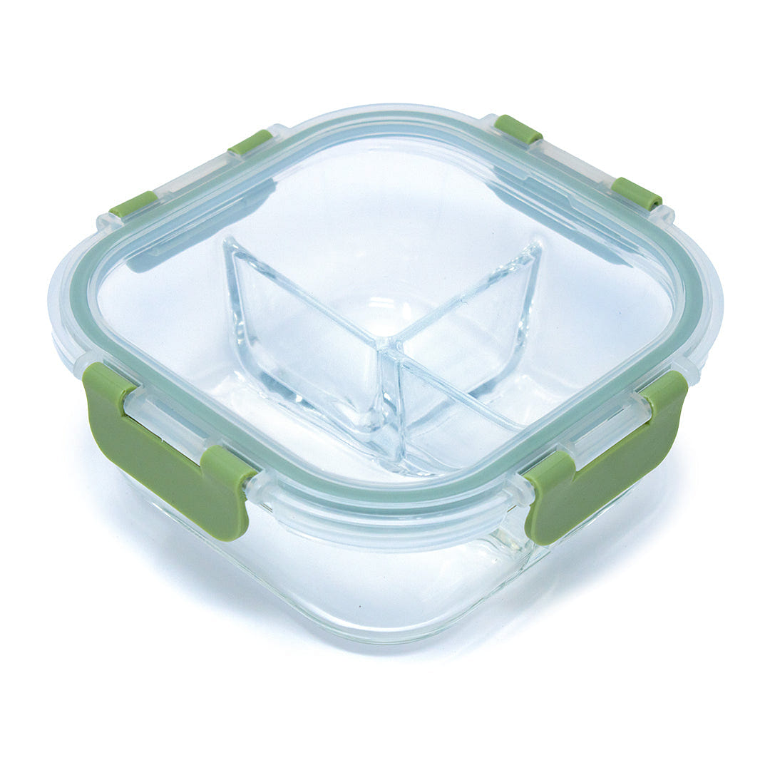 HQ Boroslicate Glass Food Containers / Canister with Green / Clear Clip On Lid Box with 3 Compartments Airtight 27oz Square Bakeware for Kitchens 800 ML 1 each