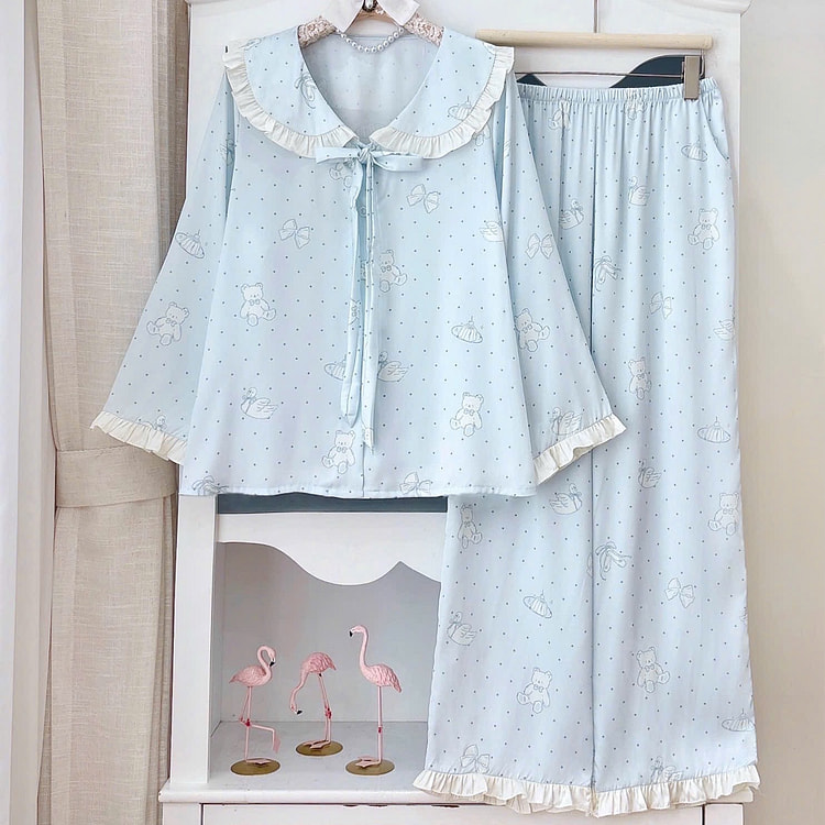 Premium Silk Blue Bow Bear Ruffle Trim Pajama Set 1 count