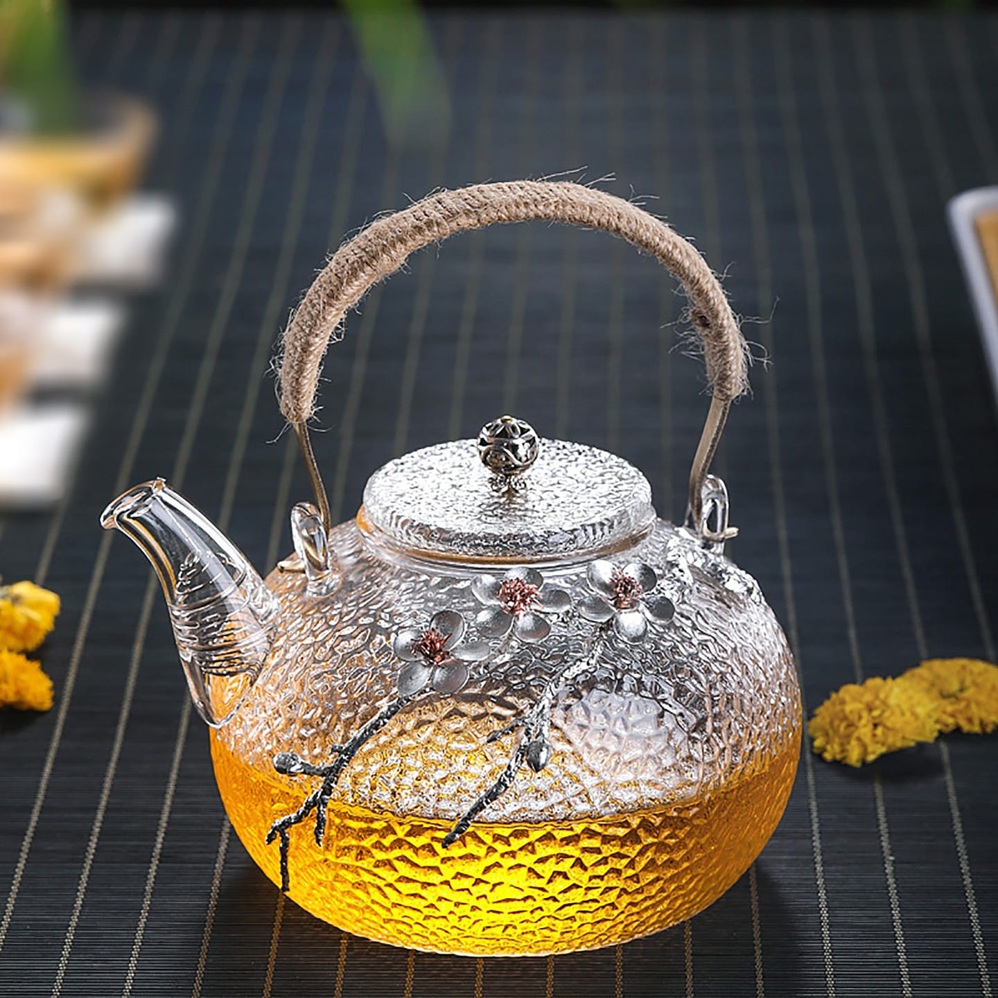 日式锤纹高硼硅梅花装饰茶壶 900 毫升