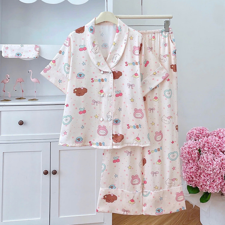Premium Silk Cute Teddy Bear Pajamas SSLP Set 1 count